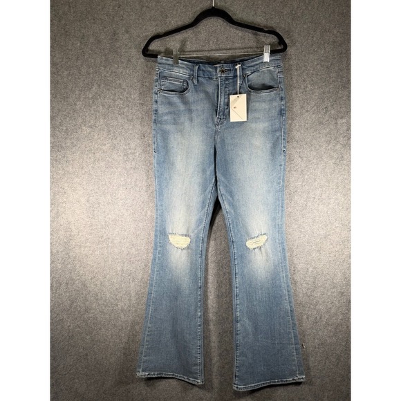 Good American Denim - GOOD AMERICAN JEANS WOMEN 31 BLUE DISTRESSED THE GOOD FLARE DENIM STRETCH